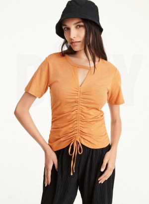 Brown DKNY Ruched Front Women's T Shirts | Malaysia_D0775