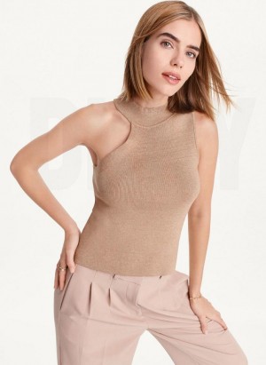 Brown DKNY Sleeveless Mock Neck Women's Sweaters | Malaysia_D1057