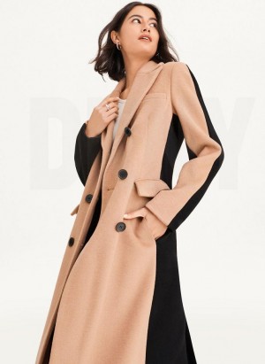 Brown DKNY Two Tone Maxi Wool Women's Coats | Malaysia_D1776