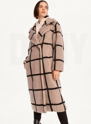 Brown DKNY Windowpane Sherpa Women's Jackets | Malaysia_D0442