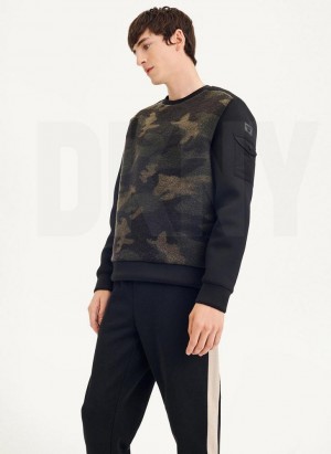 Camo DKNY Long Sleeve Camo Neoprene Sleeve Crewneck Men's Sweatshirts | Malaysia_D0159
