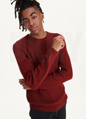 Dark Red DKNY Diagonal Cable Crew Men's Sweaters | Malaysia_D1634