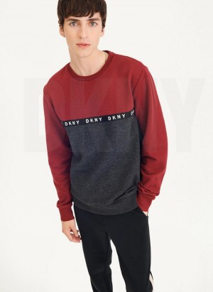 Dark Red DKNY Logo Fleece Crew Men's Sweatshirts | Malaysia_D1101