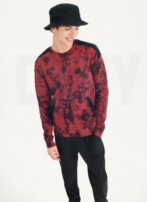 Dark Red / Black DKNY Long Sleeve Tie Dye Crewneck With Nylon Trim Men's Sweatshirts | Malaysia_D1452
