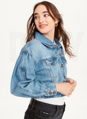 Dark Wash DKNY Puff Sleeve Denim Women's Jackets | Malaysia_D1331
