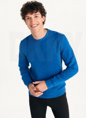 Deep Blue DKNY Quilted Knit Allover Logo Crewneck Men's Sweatshirts | Malaysia_D0478