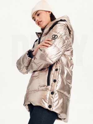 Gold DKNY Glossy Mid Length Women's Puffer Jacket | Malaysia_D0538