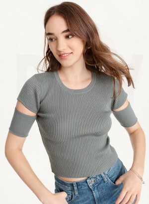 Green DKNY Cut Out Knit Women's T Shirts | Malaysia_D0101