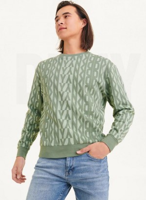 Green DKNY Exploded Allover Logo Crew Men's Sweatshirts | Malaysia_D0491