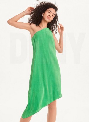 Green DKNY One Shoulder Asymmetrical Women's Dress | Malaysia_D1297