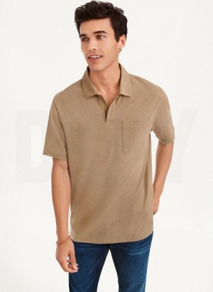 Grey Brown DKNY Cotton Slub Jersey Single Breast Men's Polo Shirts | Malaysia_D0996