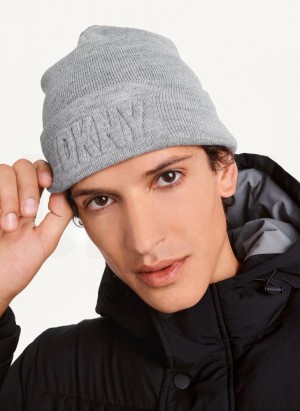 Grey DKNY 3D Logo Men's Beanie | Malaysia_D1651