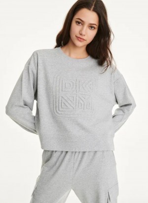 Grey DKNY Cotton Jersey Crew With Logo Embossing Women's Sweatshirts | Malaysia_D0397
