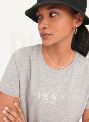 Grey DKNY Crinkle Foil Spec Logo Women's T Shirts | Malaysia_D0318