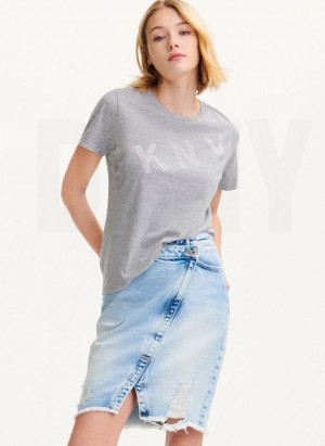 Grey DKNY Diagonal Rhinestone Logo Women's T Shirts | Malaysia_D1281