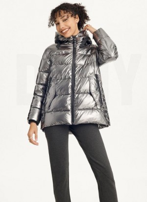 Grey DKNY Glossy Mid Length Women's Puffer Jacket | Malaysia_D0882