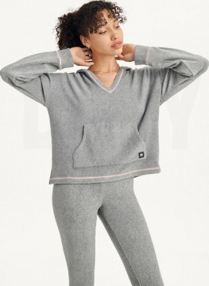 Grey DKNY Long Sleeve Hooded Top And Legging Set Women's Pajamas | Malaysia_D0471
