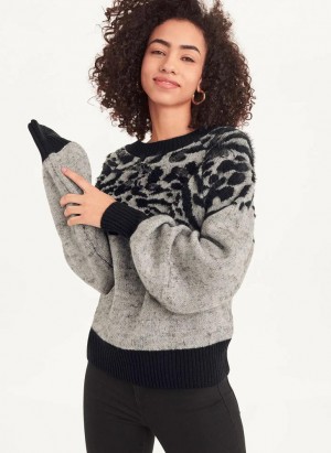 Grey DKNY Long Sleeve Puff Crew Neck W-Sequin Detail Women's Sweaters | Malaysia_D0895