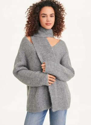Grey DKNY Long Sleeve Scarf Women's Sweaters | Malaysia_D1129