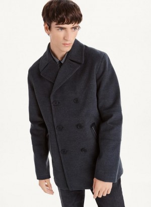 Grey DKNY Peacoat With Faux Leather Trim Men's Coats | Malaysia_D0716