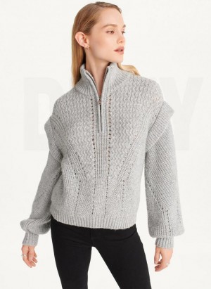 Grey DKNY Quarter Zip Cable Knit Women's Sweaters | Malaysia_D0854