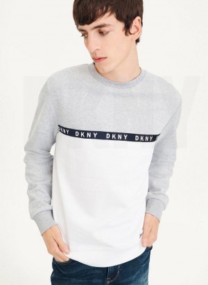 Grey / White DKNY Logo Fleece Crew Men's Sweatshirts | Malaysia_D0791