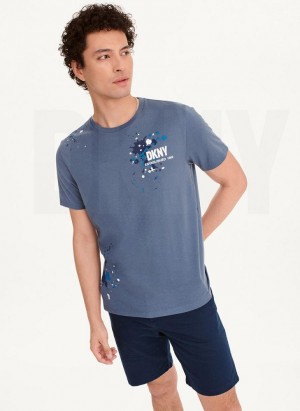 Indigo DKNY Paint Splatter Men's T Shirts | Malaysia_D1084