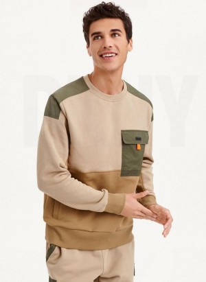 Khaki DKNY Colorblock Crew With Cargo Pocket Men's Sweatshirts | Malaysia_D1294