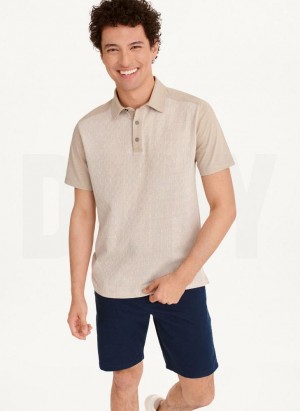Khaki DKNY Colorblock Plaid Men's Polo Shirts | Malaysia_D1941