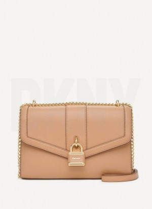 Khaki DKNY Ella Large Flap Women's Shoulder Bags | Malaysia_D1961
