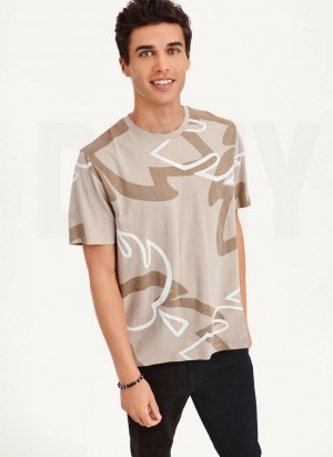 Khaki DKNY Leaves Print Slub Jersey Men's T Shirts | Malaysia_D1322