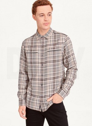 Khaki DKNY Long Sleeve Plaid Khaki Button Up Men's Shirts | Malaysia_D1871