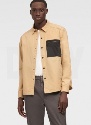 Khaki DKNY Mixed Media PockeT-Shirt Jacket Men's Shirts | Malaysia_D1430
