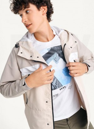 Khaki DKNY Nylon Zip Front Hooded Men's Jackets | Malaysia_D0556