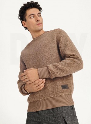 Khaki DKNY Sherpa Long Sleeve Crew Men's Sweatshirts | Malaysia_D1392