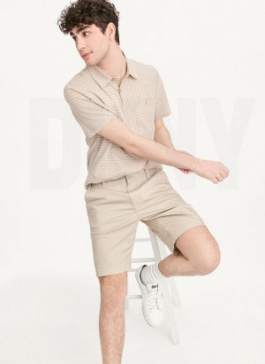 Khaki DKNY Slub Jersey Stripe Polo Men's T Shirts | Malaysia_D1035