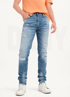 Light Blue DKNY Destructed Denim Men's Jeans | Malaysia_D0571