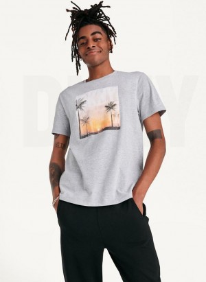 Light Grey DKNY Susnet Logo Men's T Shirts | Malaysia_D1615