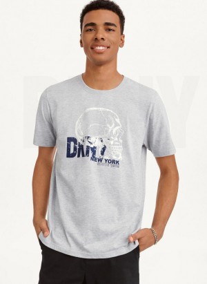 Light Grey DKNY Worn Shimmer Skull Men's T Shirts | Malaysia_D0179