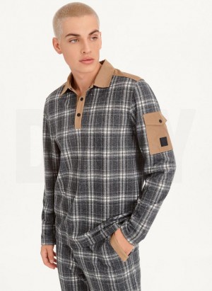 Multicolor DKNY Nylon Trim Long-Sleeve Plaid Men's Polo Shirts | Malaysia_D1629