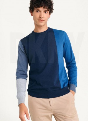 Navy DKNY Colorblock Crew Men's Sweaters | Malaysia_D1315