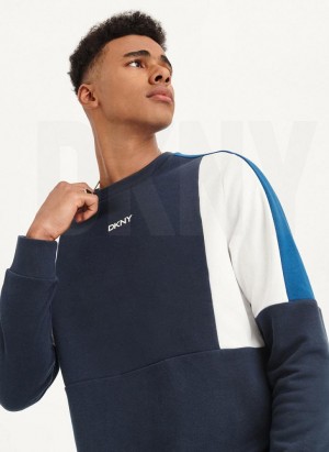 Navy DKNY Colorblock French Terry Front Logo Crewneck Men's Sweatshirts | Malaysia_D1867