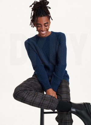 Navy DKNY Diagonal Cable Crew Men's Sweaters | Malaysia_D0186