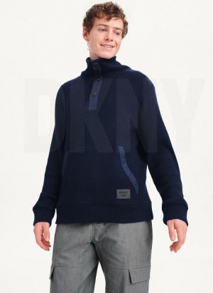 Navy DKNY Double Knit Rib Funnel Neck Men's Sweaters | Malaysia_D0907