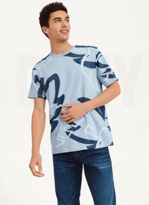 Navy DKNY Leaves Print Slub Jersey Men's T Shirts | Malaysia_D0175