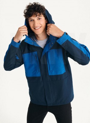 Navy DKNY Nylon Colorblock Four-Pocket Hooded Men's Jackets | Malaysia_D0998