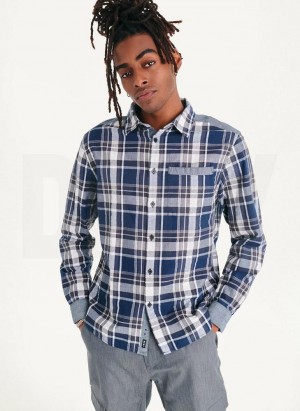 Navy DKNY Plaid Long Sleeve Button Up Men's Shirts | Malaysia_D1617