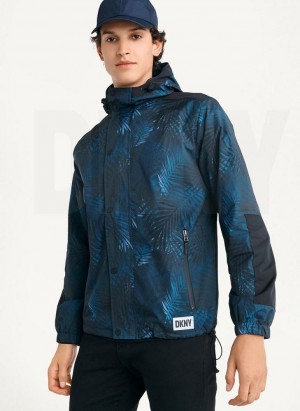 Navy DKNY Printed Nylon Wild Palm Hooded Rain Men's Jackets | Malaysia_D1970