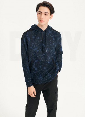 Navy DKNY Splat Print Terry Men's Hoodies | Malaysia_D0656