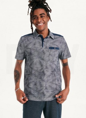Navy DKNY Tropical Knit Jacquard Men's Polo Shirts | Malaysia_D0311